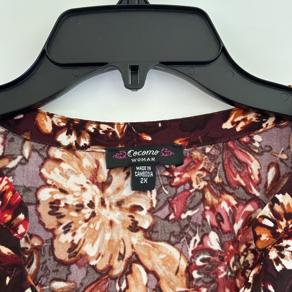 Cocomo Floral V-Neck Tunic Top Womens 2X Blouse 3/4 Sleeve Boho Fall Stretch - Picture 4 of 7